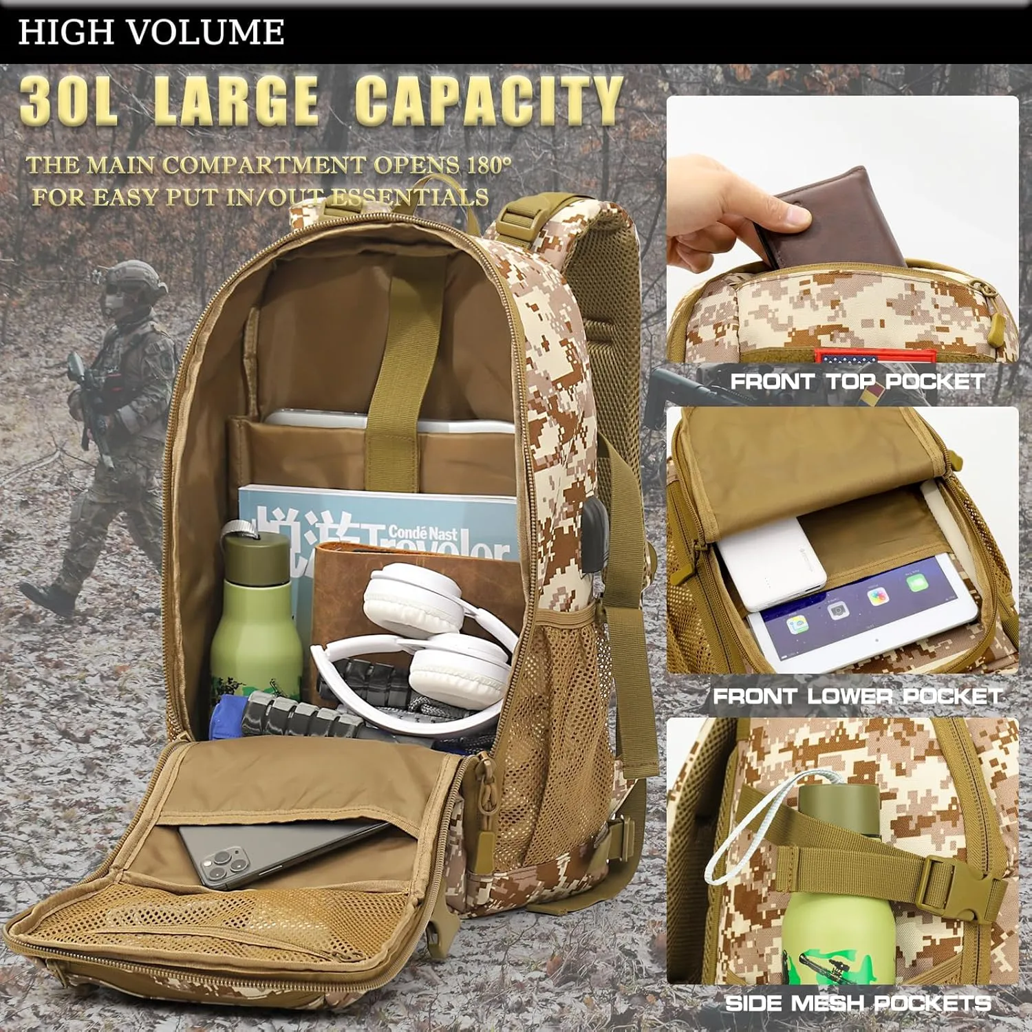 outdoor plus Camo Backpack,Military Boys Backpacks for School,Army Bookbag with USB Charging Port,30l/40L