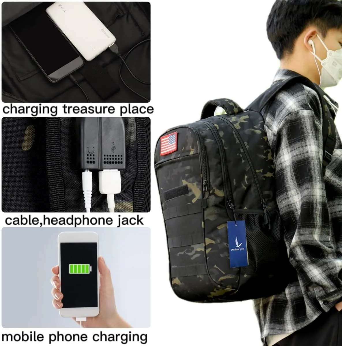 outdoor plus Camo Backpack,Military Boys Backpacks for School,Army Bookbag with USB Charging Port,30l/40L