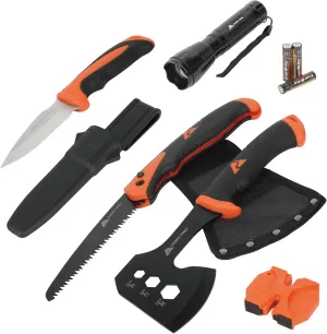 Outdoor Tool Kit, 7-Piece Set with Hammer, Axe, LED Flashlight, Knives and Accessories, Black/Orange
