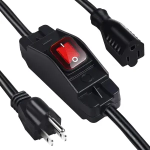 Outdoor Waterproof On/Off Switch Extension Cord, Heavy Duty 125v/250v Black SJTW Cord (3 Ft, Black)