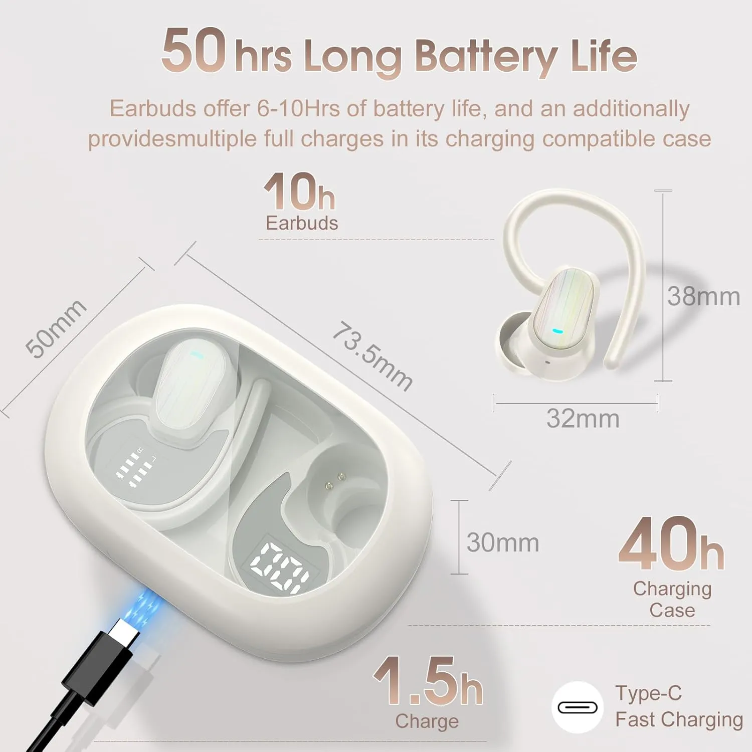 OYIB Wireless Earbuds Bluetooth 5.4 Headphones Sport, 50H Bluetooth Earbuds with Earhooks, Over Ear Bud Deep Bass with ENC Mic, IP7 Waterproof Wireless Earphone for Workout/Running, White