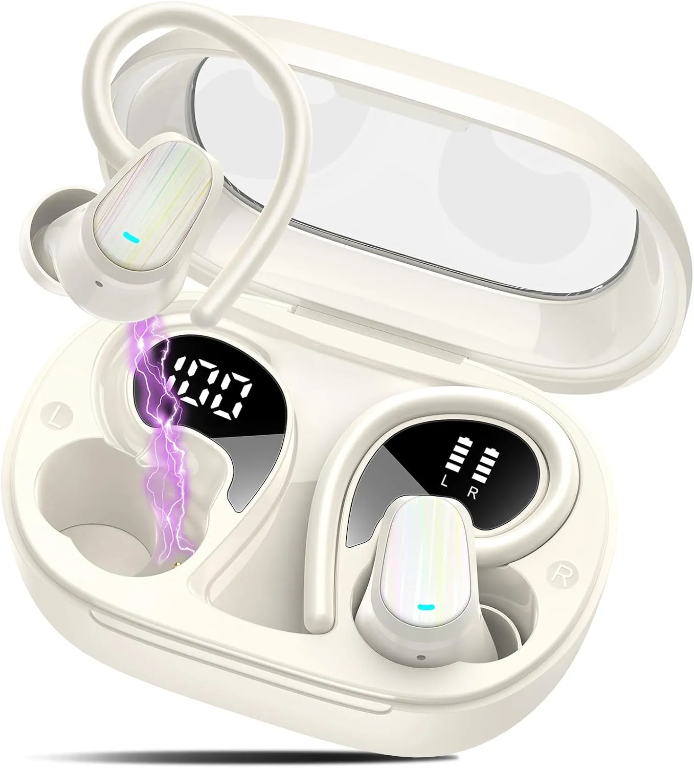 OYIB Wireless Earbuds Bluetooth 5.4 Headphones Sport, 50H Bluetooth Earbuds with Earhooks, Over Ear Bud Deep Bass with ENC Mic, IP7 Waterproof Wireless Earphone for Workout/Running, White
