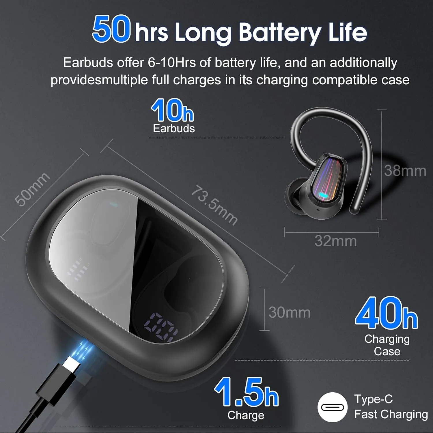 OYIB Wireless Earbuds Bluetooth 5.4 Headphones Sport, Stereo Deep Bass Bluetooth Earbuds with Earhooks, 50H Over Ear Bud with ENC Mic, IP7 Waterproof Wireless Earphone for Workout/Running, Deep Black