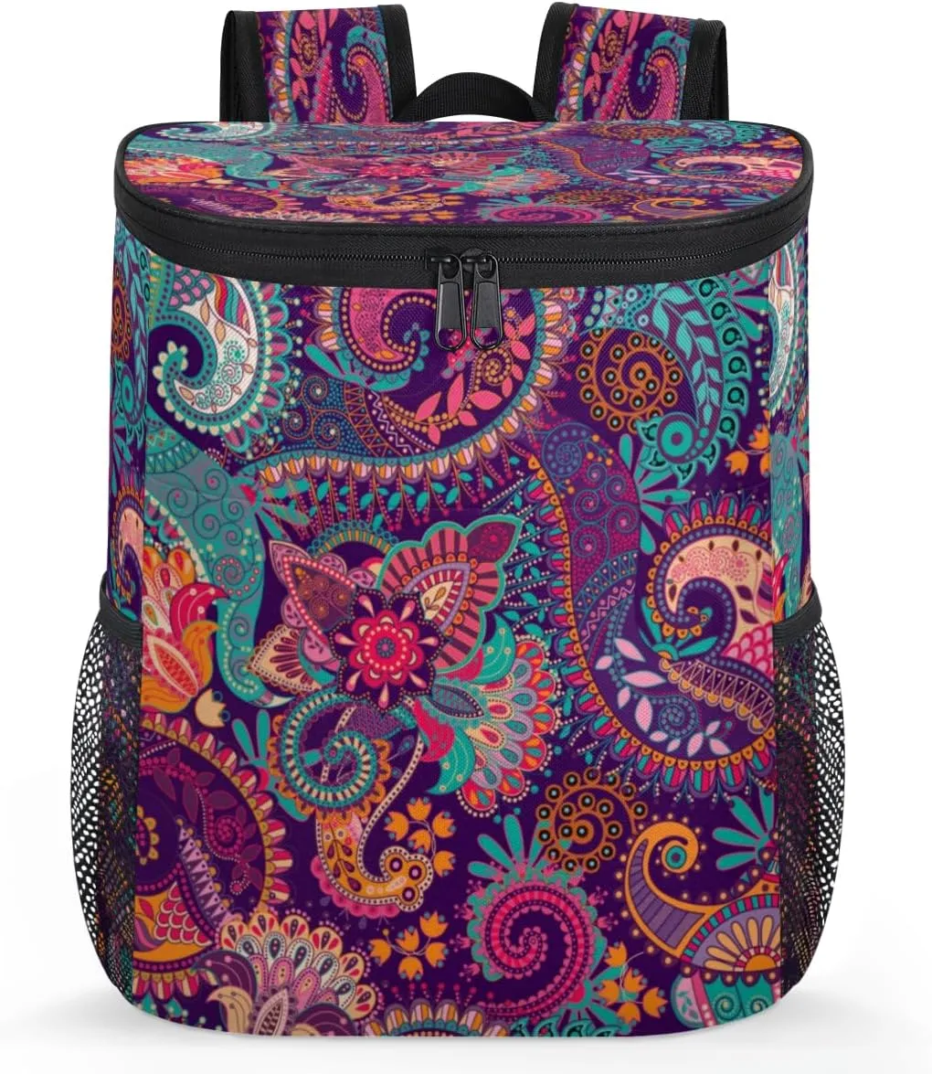 Paisley Flower Mandala Camping Backpack Cooler Insulated Leakproof Travel Cooler Bag Waterproof Lightweight Soft Lunch Bag for Travel Picnic Hiking Beach