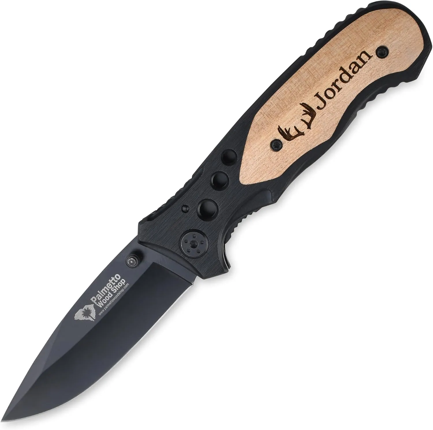Palmetto Wood Shop Pocket Knife - Laser Engraved Custom Knife Gift for Men, Folding Knife for Everyday Carry, Hunting, Fishing, Camping - 3.25-inch Stainless Steel Blade, 4.5-inch Black/Wood Handle