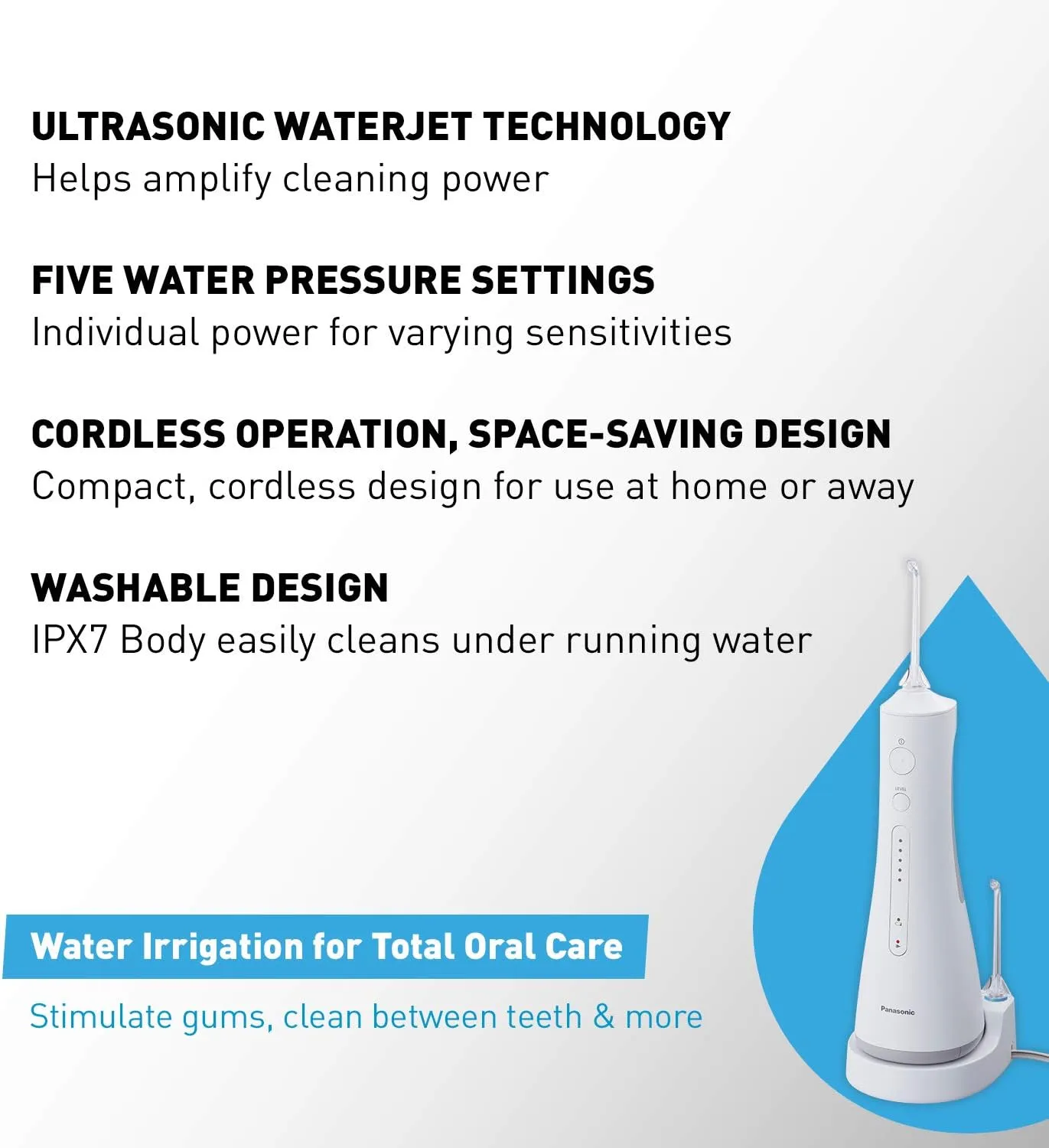Panasonic Professional Cordless Water Flosser for Dental, Bridge and Orthodontic Care, Portable Oral Irrigator with Ultrasonic Cleaning – EW1511W (White)