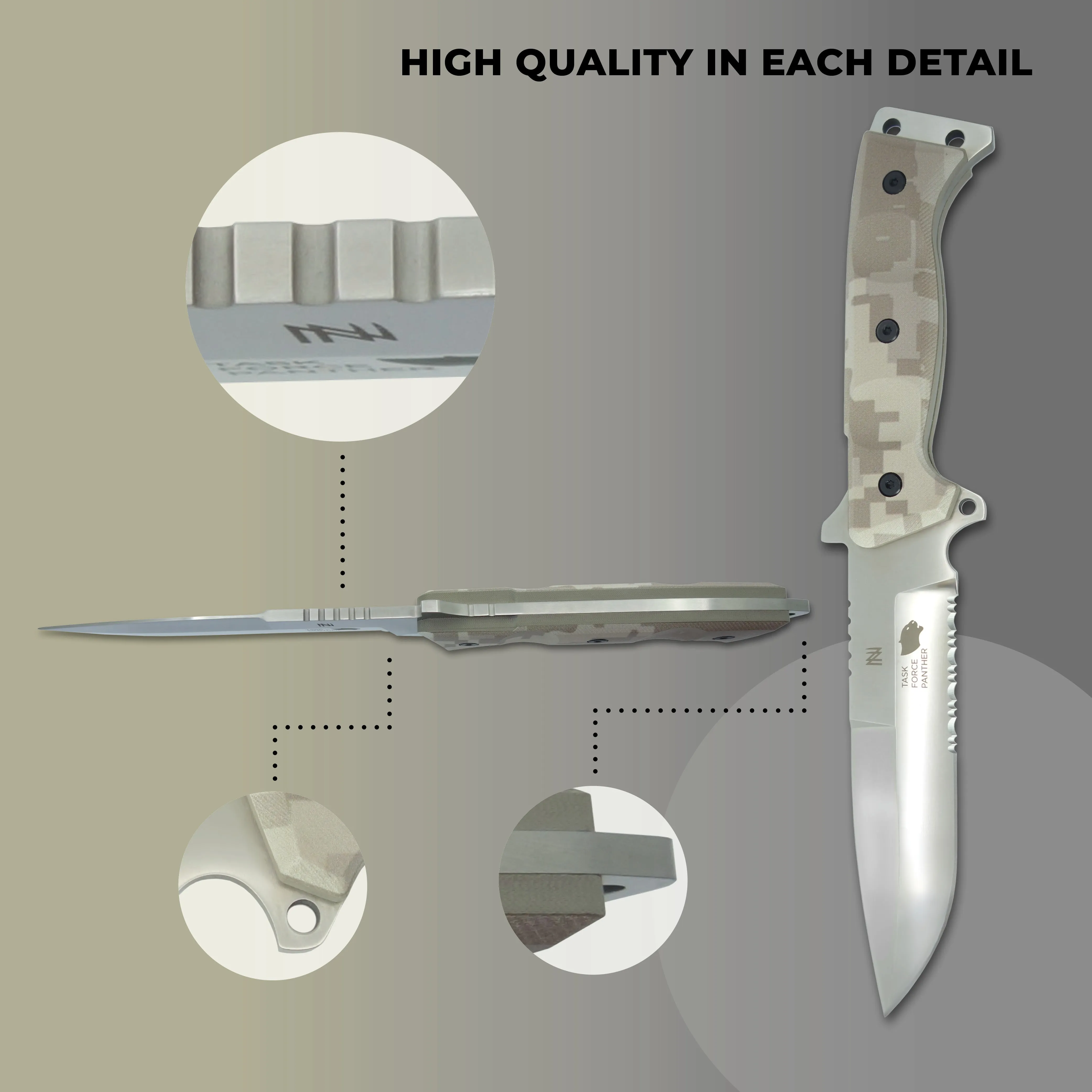 Panther Hunting/Tactical Knife - 6-" Blade - Green-Beige Micarta Handle - Day Forest Camo