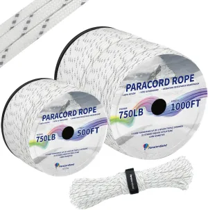 Paracordland-750LB Reflective Rope-100ft/500ft/1000ft- 9 Strand Parachute Spool Cord Heavy Duty String Ideal for Survival Gear Bracelet Camping Hikig Fishing-Reflective White