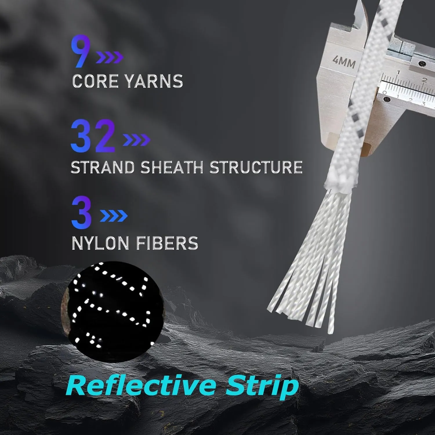 Paracordland-750LB Reflective Rope-100ft/500ft/1000ft- 9 Strand Parachute Spool Cord Heavy Duty String Ideal for Survival Gear Bracelet Camping Hikig Fishing-Reflective White