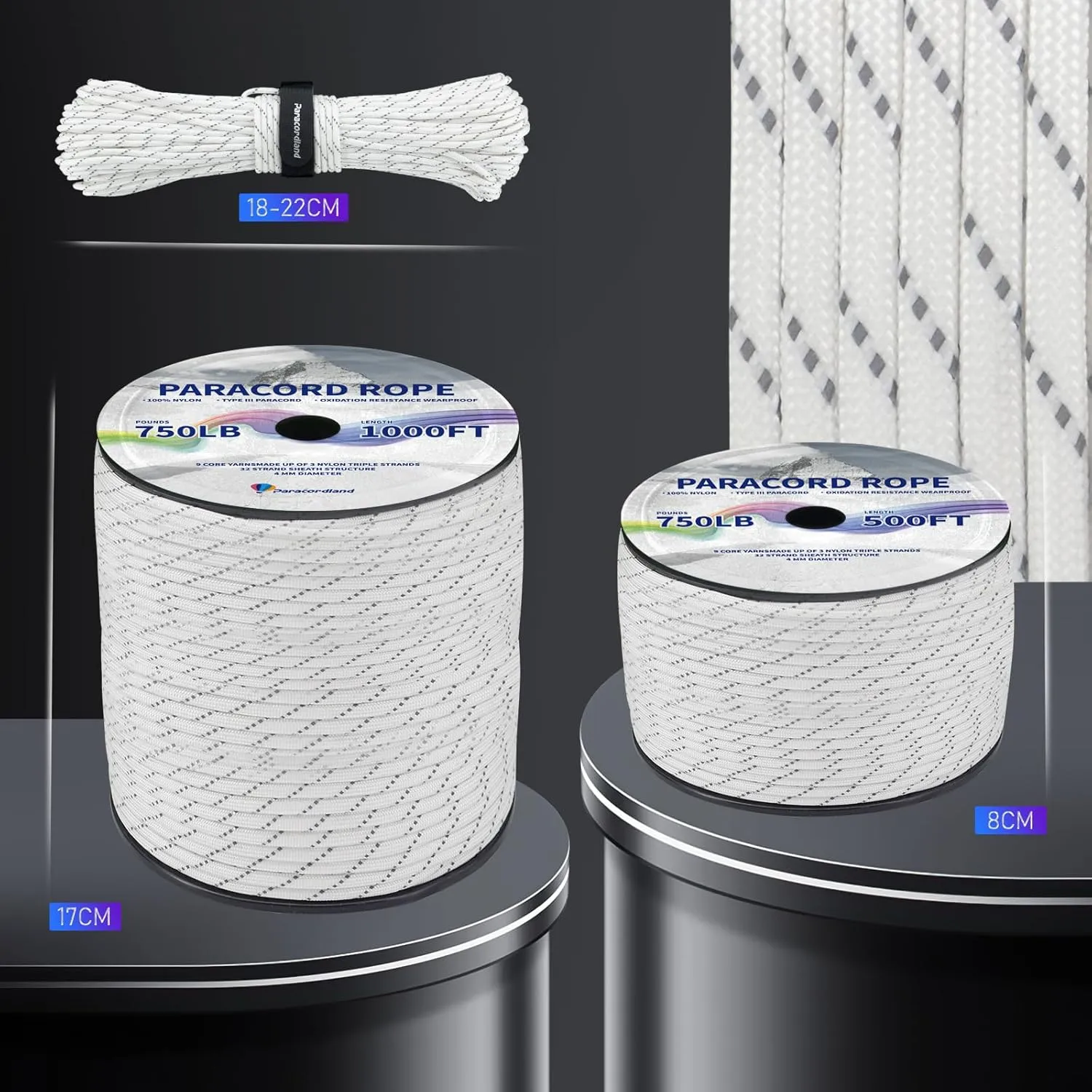 Paracordland-750LB Reflective Rope-100ft/500ft/1000ft- 9 Strand Parachute Spool Cord Heavy Duty String Ideal for Survival Gear Bracelet Camping Hikig Fishing-Reflective White