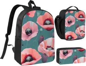 Pastel Poppies print Backpack 3pcs Set Including 17 Inch Large BookBag With Lunch Bag And Practical Pen Bag
