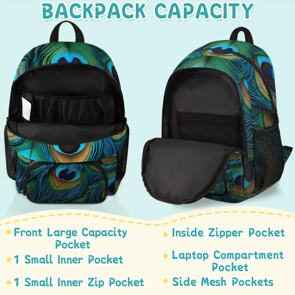 Peacock Feather Carry on Travel Backpack for Women Men Water resistant Lightweight Rucksack Backpack for Weekender Casual Work Hiking Boho