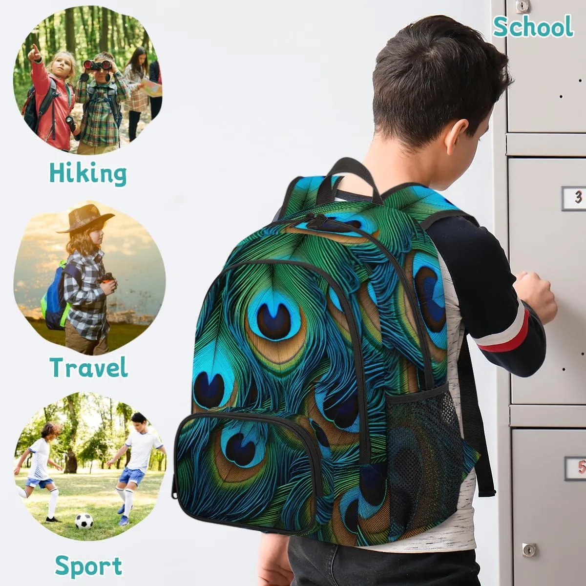 Peacock Feather Carry on Travel Backpack for Women Men Water resistant Lightweight Rucksack Backpack for Weekender Casual Work Hiking Boho