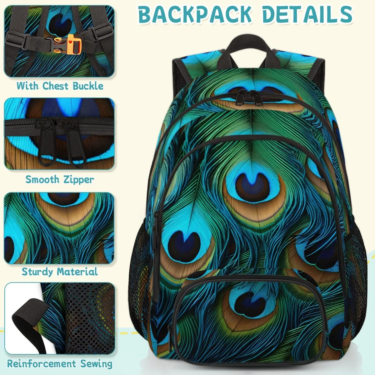 Peacock Feather Carry on Travel Backpack for Women Men Water resistant Lightweight Rucksack Backpack for Weekender Casual Work Hiking Boho