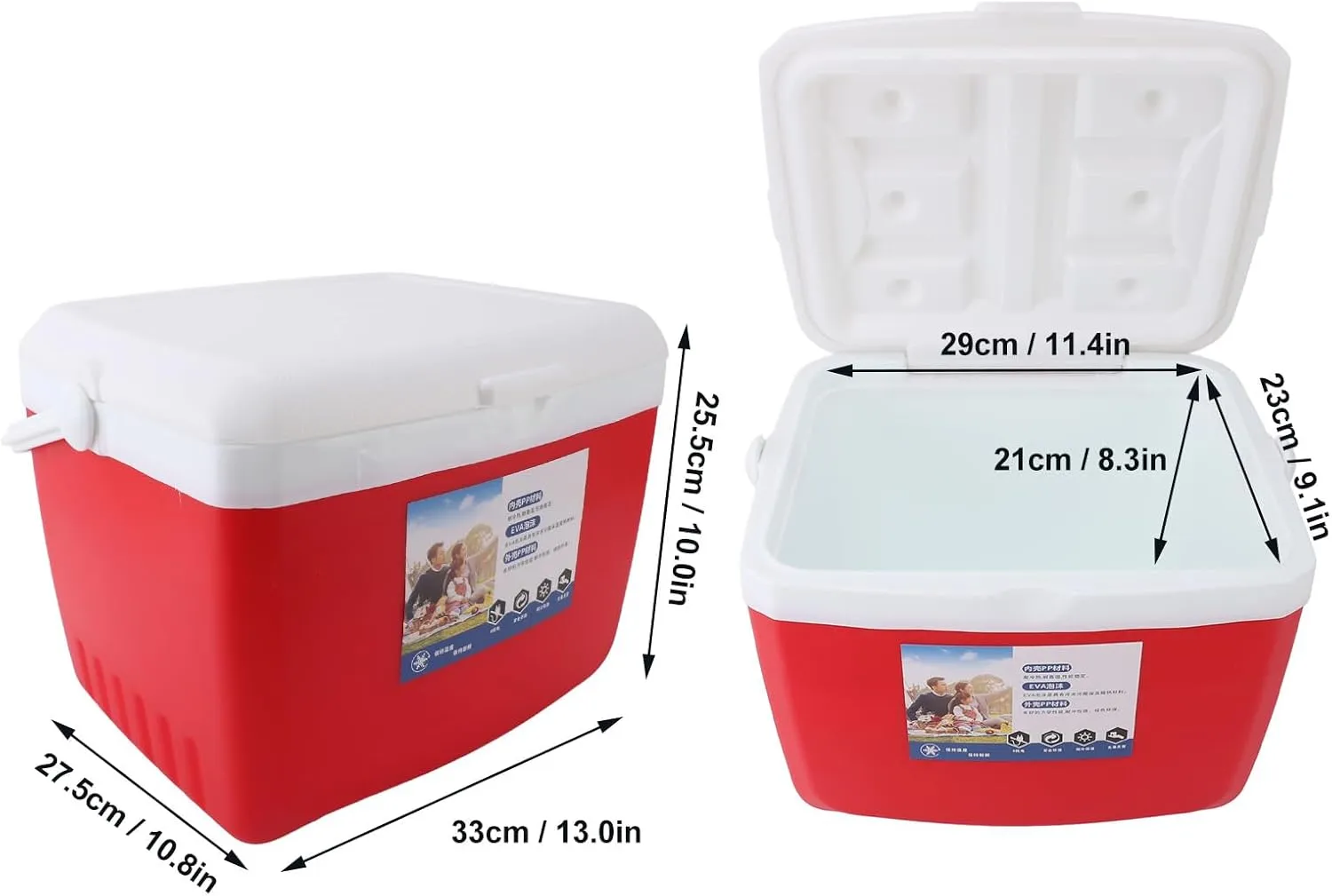 PerGar Insulated Portable Cooler, Picnic Cooler Lunch Box, Mini Beach Cooler Soft Lunch Bag Box, Outdoor Hard Cooler with Handles for Beach, Camping, Tailgating, Sports, 13L (Red)