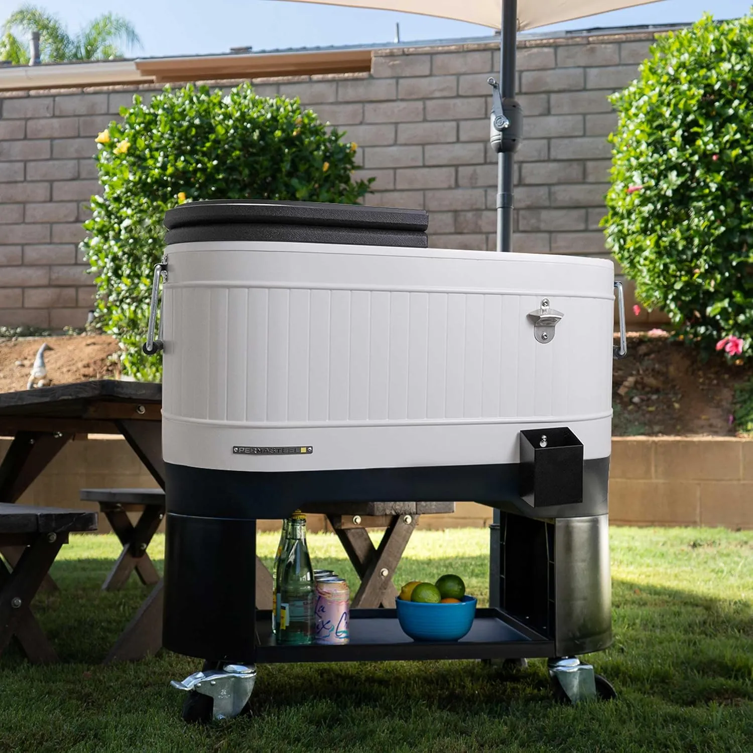 Permasteel 120-Qt Rolling Ice Chest, Portable Patio Party Bar Drink Cooler Cart with Wheels, Drink Dividers - Perfect for Outdoor or Indoor Entertaining, and Parties, White