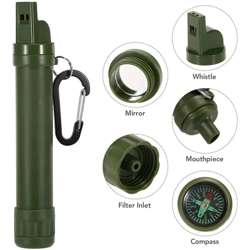 Personal Water Purifiers Water Filter Survival Kit with Whistle Compass Hiking Straw for Safety and Survival Camping Supplies