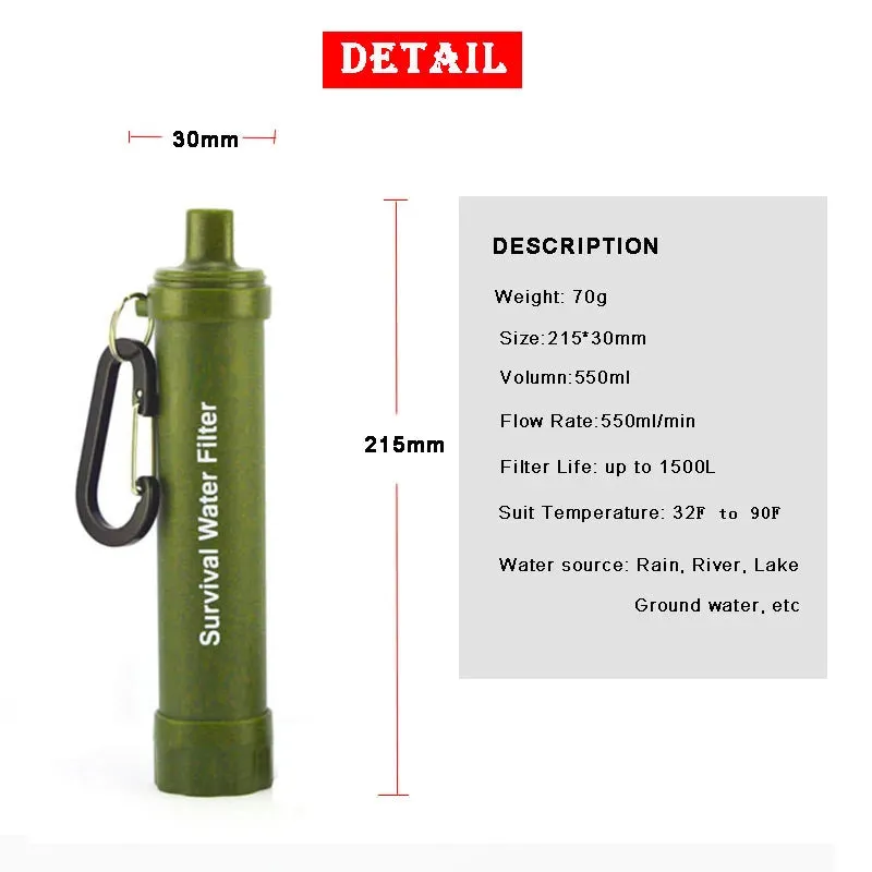 Personal Water Purifiers Water Filter Survival Kit with Whistle Compass Hiking Straw for Safety and Survival Camping Supplies
