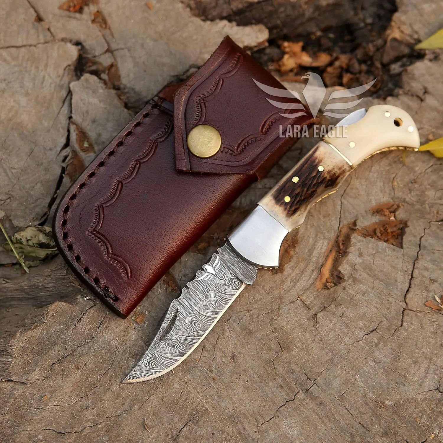 Personalised Damascus Pocket Knife for Men - 133 Layer Solid Steel Handmade Folding Hunting Knives with Sharpner and Leather Pouch - Best Knife for Camping Hunting Hiking - Father’s Day Gifts for Men Husband Dad