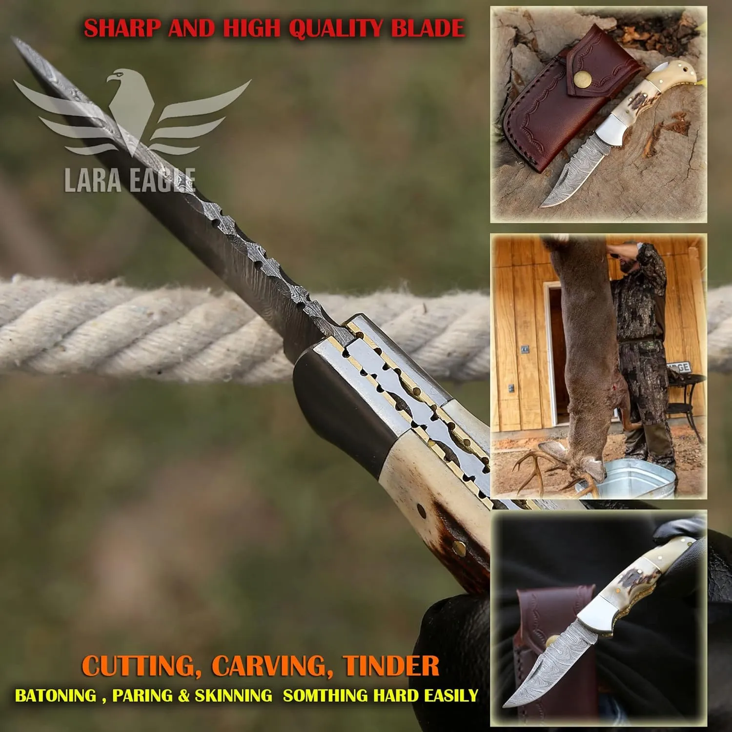 Personalised Damascus Pocket Knife for Men - 133 Layer Solid Steel Handmade Folding Hunting Knives with Sharpner and Leather Pouch - Best Knife for Camping Hunting Hiking - Father’s Day Gifts for Men Husband Dad