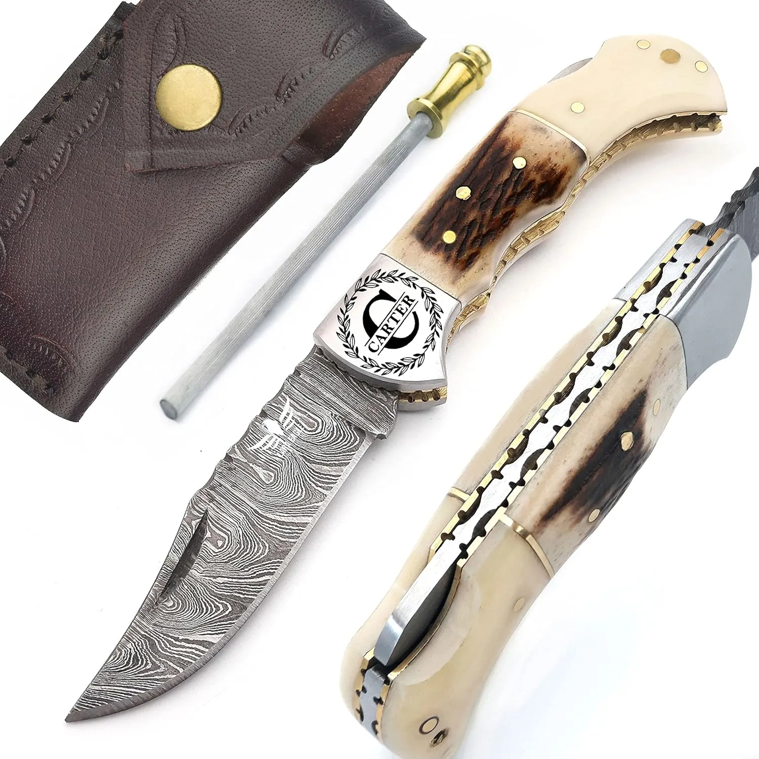 Personalised Damascus Pocket Knife for Men - 133 Layer Solid Steel Handmade Folding Hunting Knives with Sharpner and Leather Pouch - Best Knife for Camping Hunting Hiking - Father’s Day Gifts for Men Husband Dad