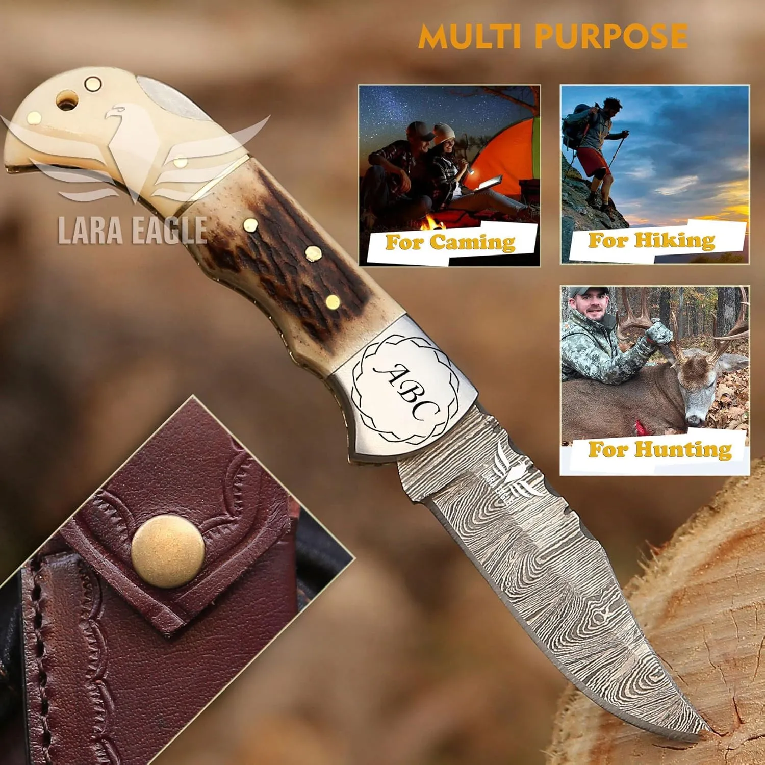 Personalised Damascus Pocket Knife for Men - 133 Layer Solid Steel Handmade Folding Hunting Knives with Sharpner and Leather Pouch - Best Knife for Camping Hunting Hiking - Father’s Day Gifts for Men Husband Dad