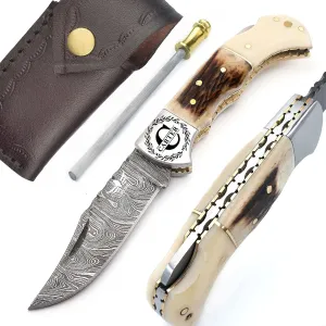 Personalised Damascus Pocket Knife for Men - 133 Layer Solid Steel Handmade Folding Hunting Knives with Sharpner and Leather Pouch - Best Knife for Camping Hunting Hiking - Father’s Day Gifts for Men Husband Dad