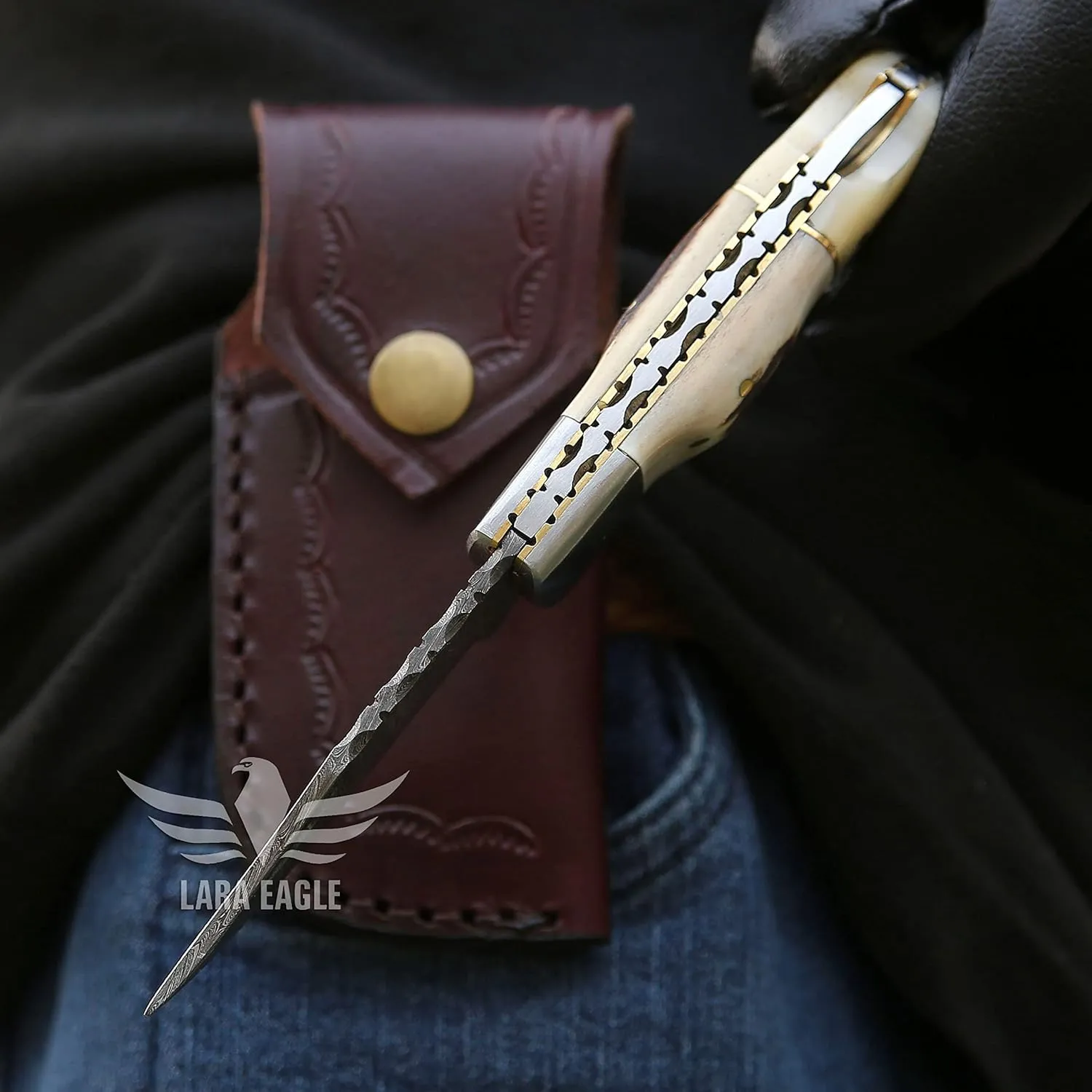 Personalised Damascus Pocket Knife for Men - 133 Layer Solid Steel Handmade Folding Hunting Knives with Sharpner and Leather Pouch - Best Knife for Camping Hunting Hiking - Father’s Day Gifts for Men Husband Dad