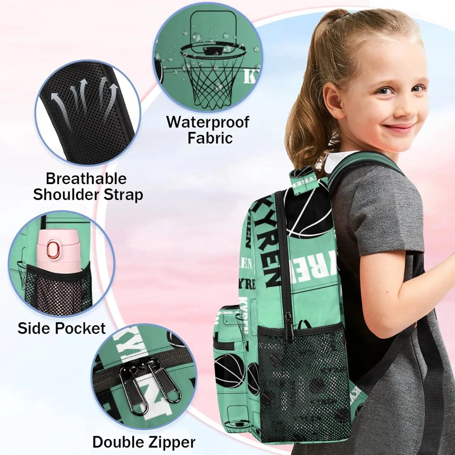 Personalized Basketball Backpack for Men Women, Custom Laptop Backpack with Name, Sports Bag Lightweight Daypack for Travel Camping, Green Light