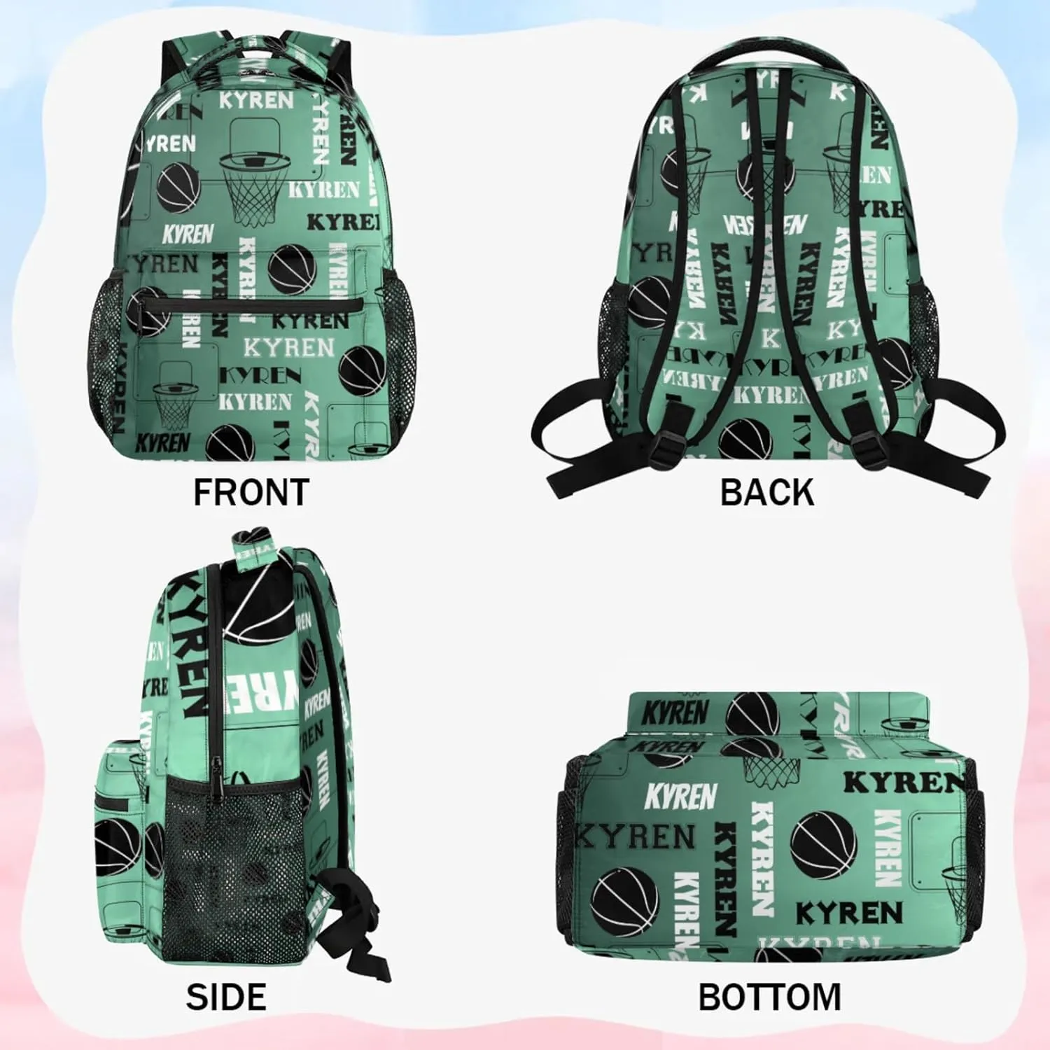 Personalized Basketball Backpack for Men Women, Custom Laptop Backpack with Name, Sports Bag Lightweight Daypack for Travel Camping, Green Light