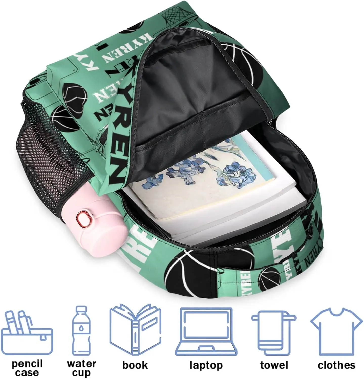 Personalized Basketball Backpack for Men Women, Custom Laptop Backpack with Name, Sports Bag Lightweight Daypack for Travel Camping, Green Light