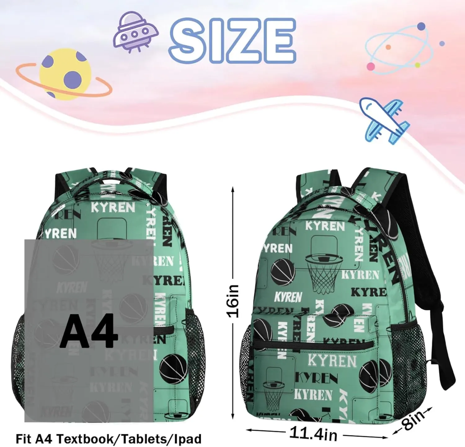 Personalized Basketball Backpack for Men Women, Custom Laptop Backpack with Name, Sports Bag Lightweight Daypack for Travel Camping, Green Light