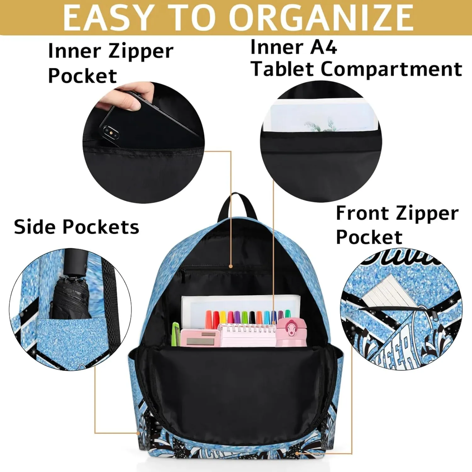 Personalized Cheer Backpacks for Cheerleader, Custom Name Large Capacity Casual Daypack, Light Blue Glitter 15 Inch Shoulder Bag