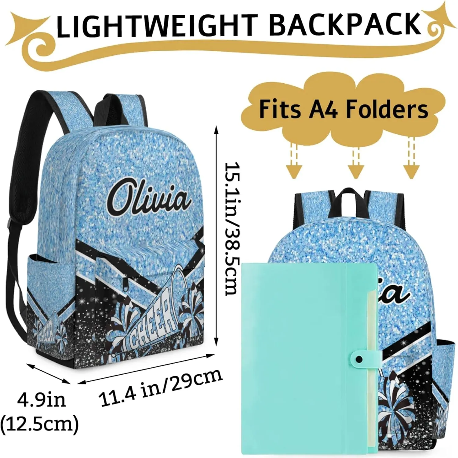 Personalized Cheer Backpacks for Cheerleader, Custom Name Large Capacity Casual Daypack, Light Blue Glitter 15 Inch Shoulder Bag