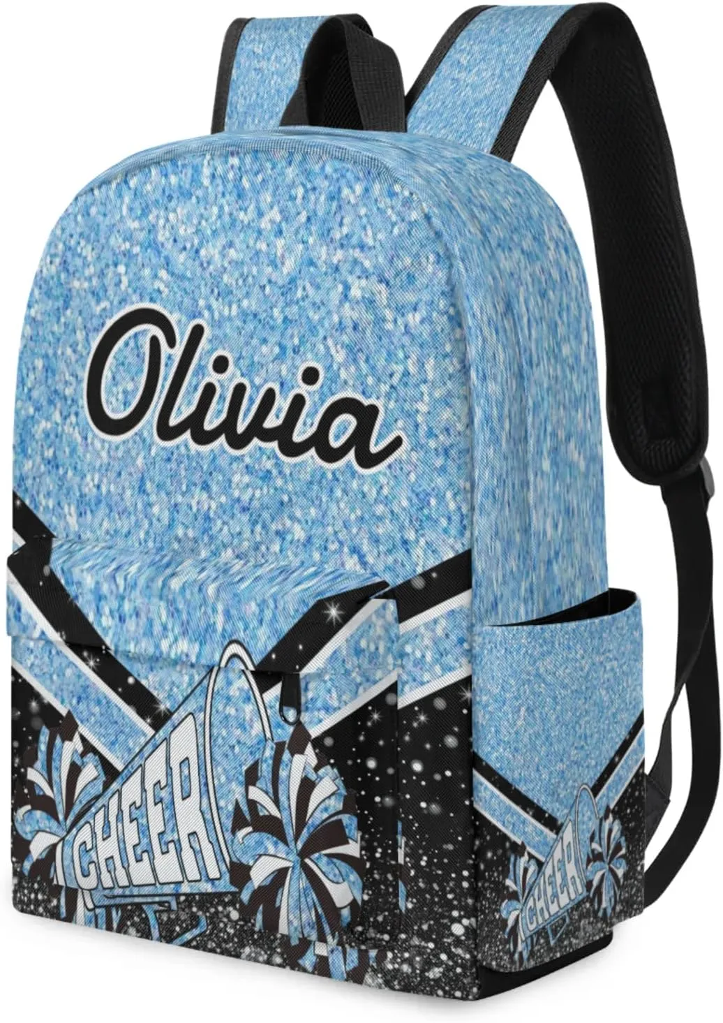 Personalized Cheer Backpacks for Cheerleader, Custom Name Large Capacity Casual Daypack, Light Blue Glitter 15 Inch Shoulder Bag