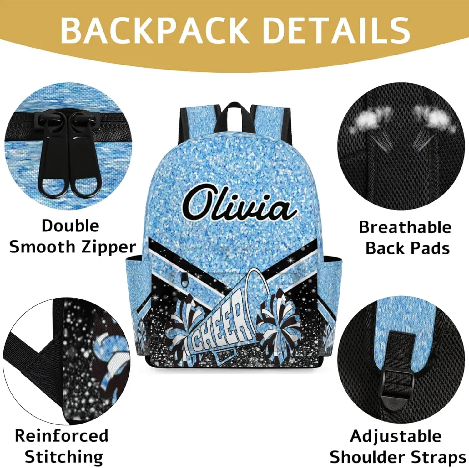 Personalized Cheer Backpacks for Cheerleader, Custom Name Large Capacity Casual Daypack, Light Blue Glitter 15 Inch Shoulder Bag