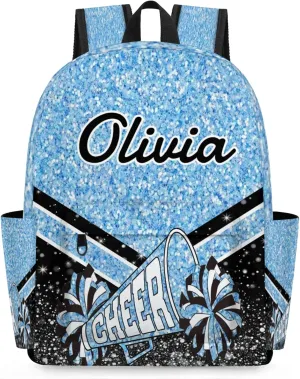 Personalized Cheer Backpacks for Cheerleader, Custom Name Large Capacity Casual Daypack, Light Blue Glitter 15 Inch Shoulder Bag