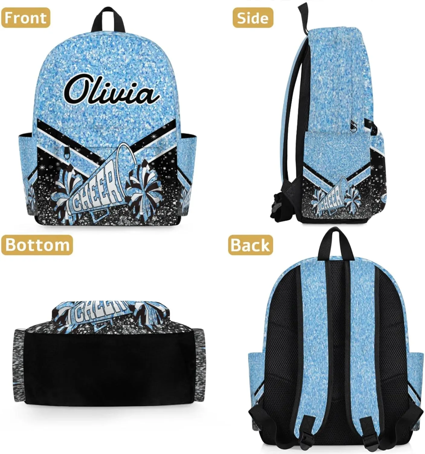 Personalized Cheer Backpacks for Cheerleader, Custom Name Large Capacity Casual Daypack, Light Blue Glitter 15 Inch Shoulder Bag