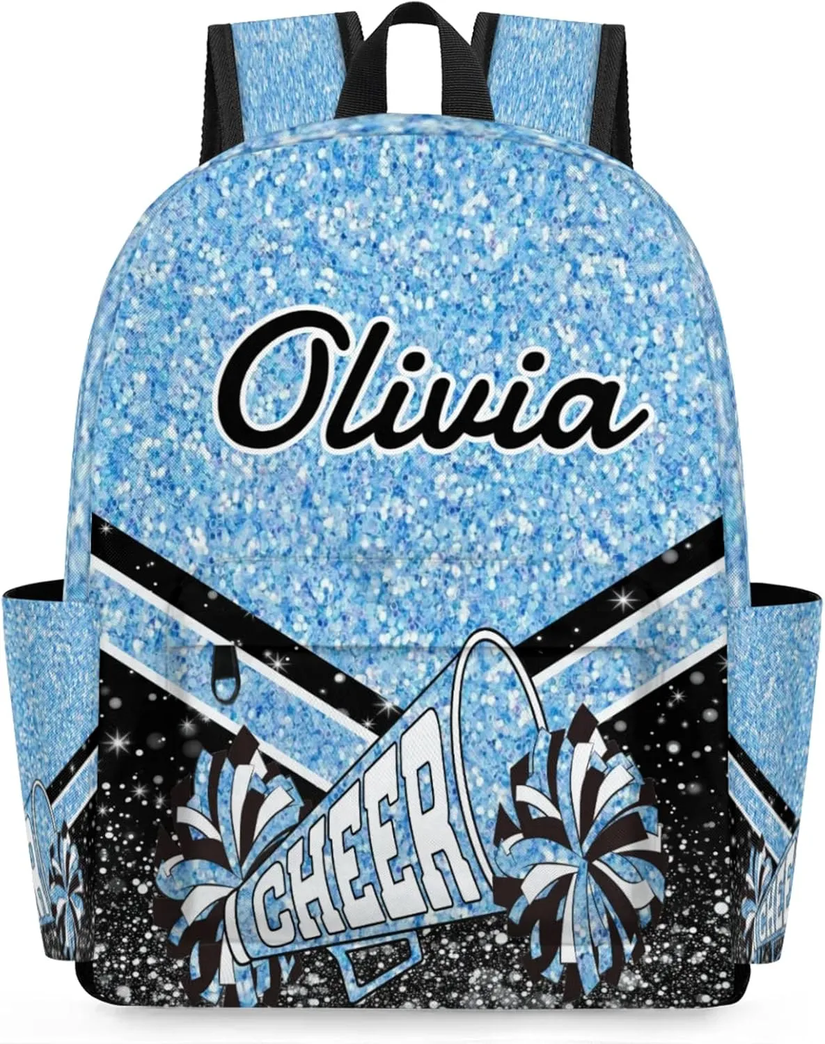 Personalized Cheer Backpacks for Cheerleader, Custom Name Large Capacity Casual Daypack, Light Blue Glitter 15 Inch Shoulder Bag