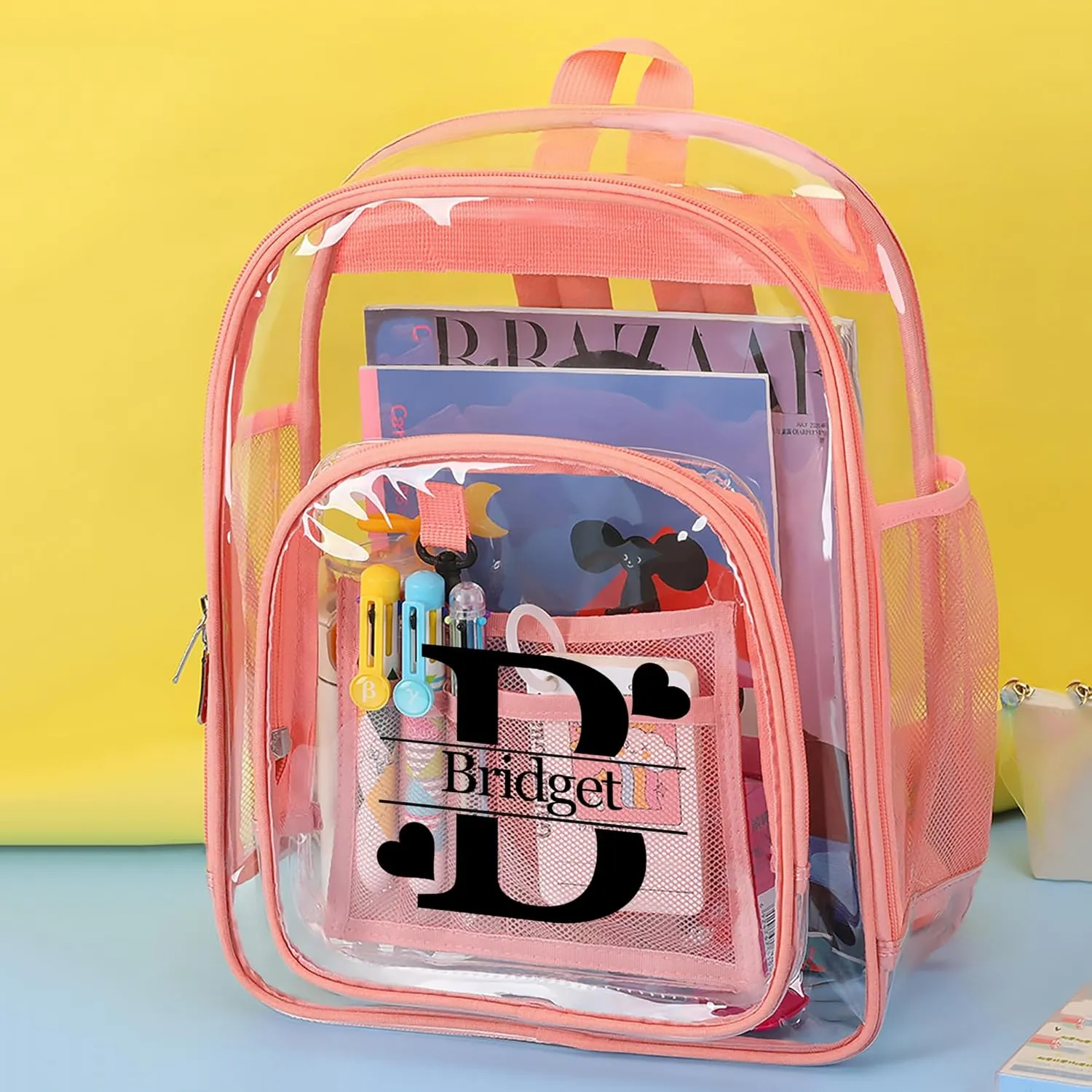 Personalized Clear Backpack Customized Name Cute Clear Bookbag Heavy Duty See Through Transparent Backpack Pink/Black/Gray