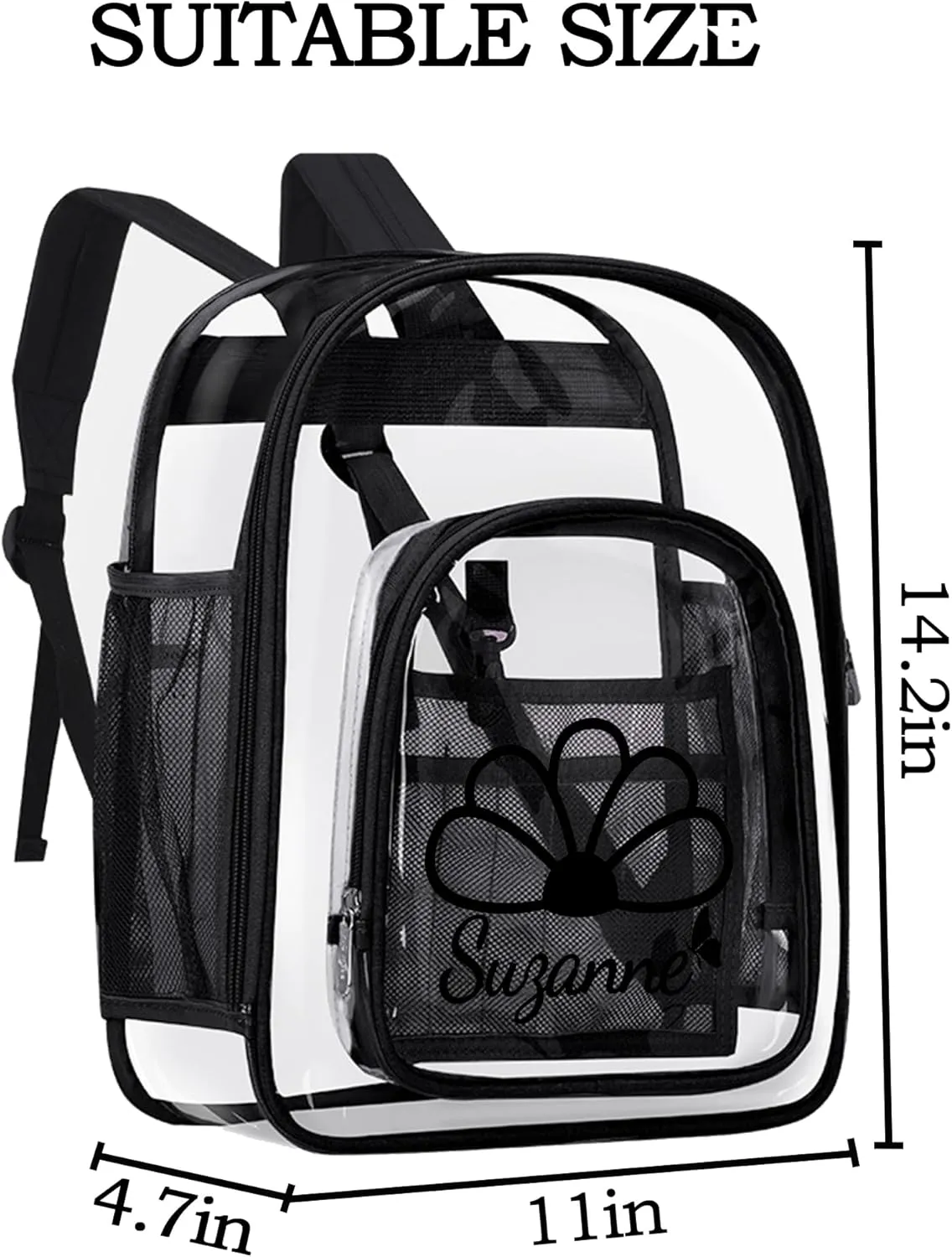 Personalized Clear Backpack Customized Name Cute Clear Bookbag Heavy Duty See Through Transparent Backpack Pink/Black/Gray