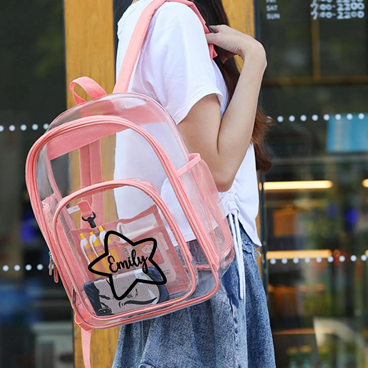 Personalized Clear Backpack Customized Name Cute Clear Bookbag Heavy Duty See Through Transparent Backpack Pink/Black/Gray