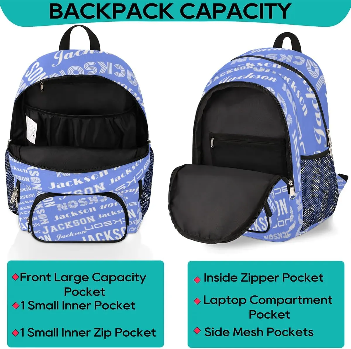 Personalized Daypack with Name Text, Lightweight Custom Backpack Carry On Bag for Travel, Business Trip, Picnic, Lake Blue