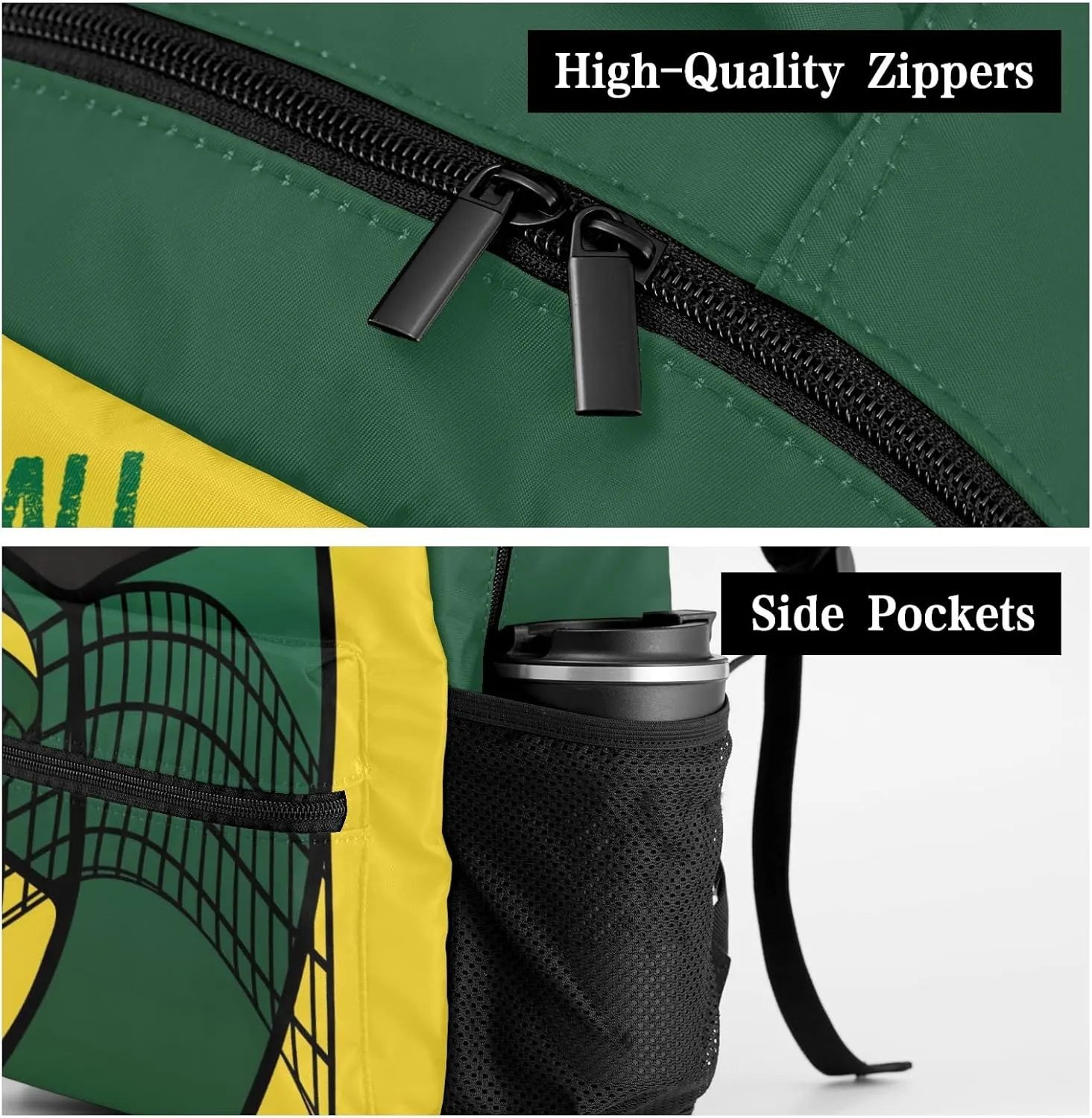 Personalized Name Volleyball Green Yellow Laptop Travel Backpack with Side Pockets for Sport Traveling, 12.2''(L) x 5.9''(W) x 16.5''(H)