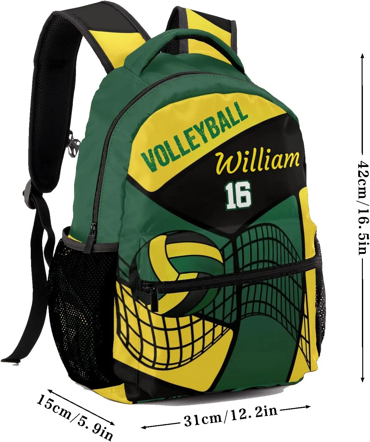 Personalized Name Volleyball Green Yellow Laptop Travel Backpack with Side Pockets for Sport Traveling, 12.2''(L) x 5.9''(W) x 16.5''(H)