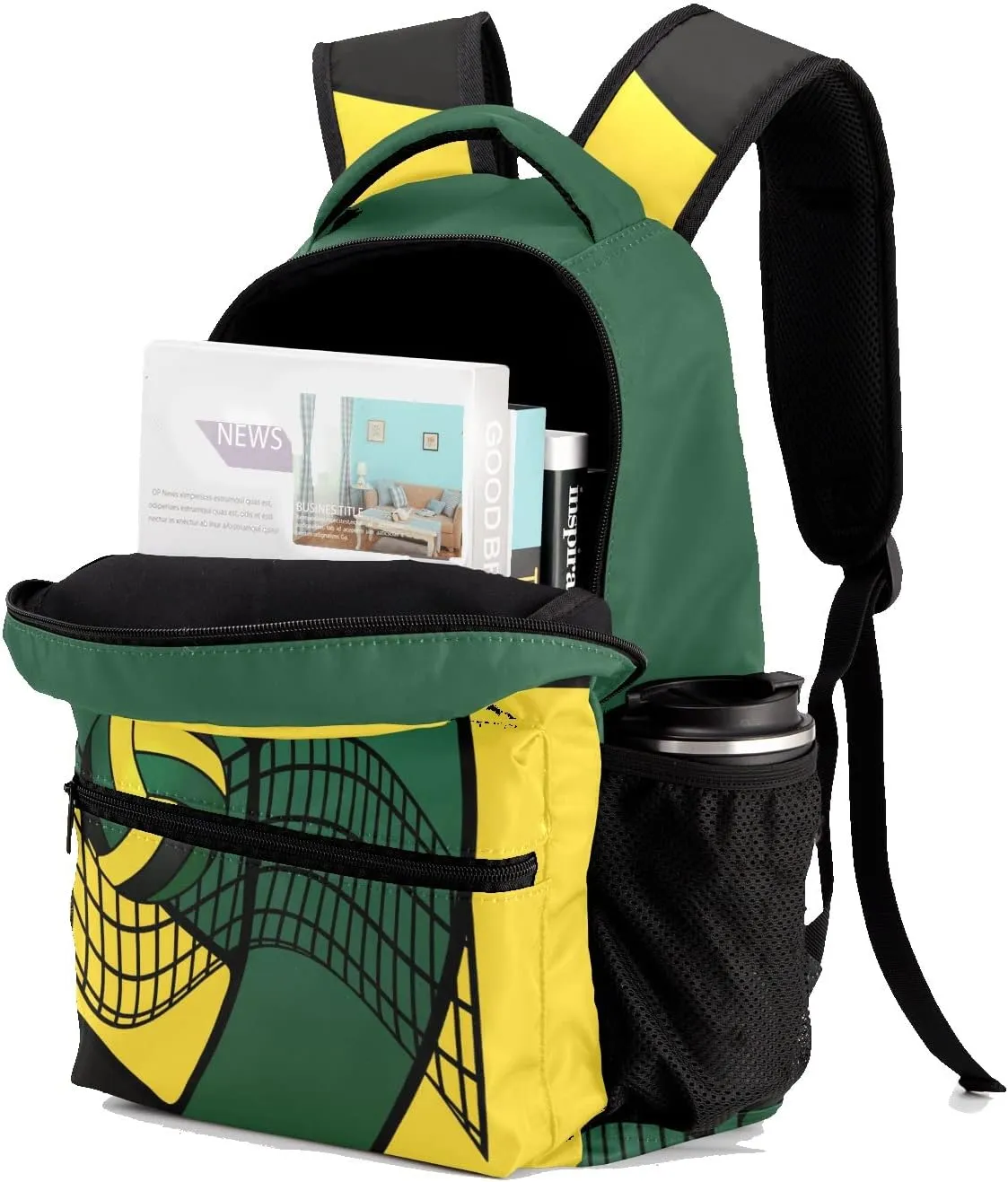 Personalized Name Volleyball Green Yellow Laptop Travel Backpack with Side Pockets for Sport Traveling, 12.2''(L) x 5.9''(W) x 16.5''(H)
