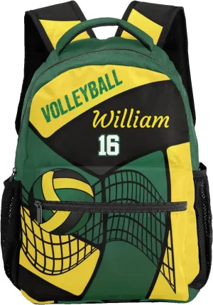 Personalized Name Volleyball Green Yellow Laptop Travel Backpack with Side Pockets for Sport Traveling, 12.2''(L) x 5.9''(W) x 16.5''(H)