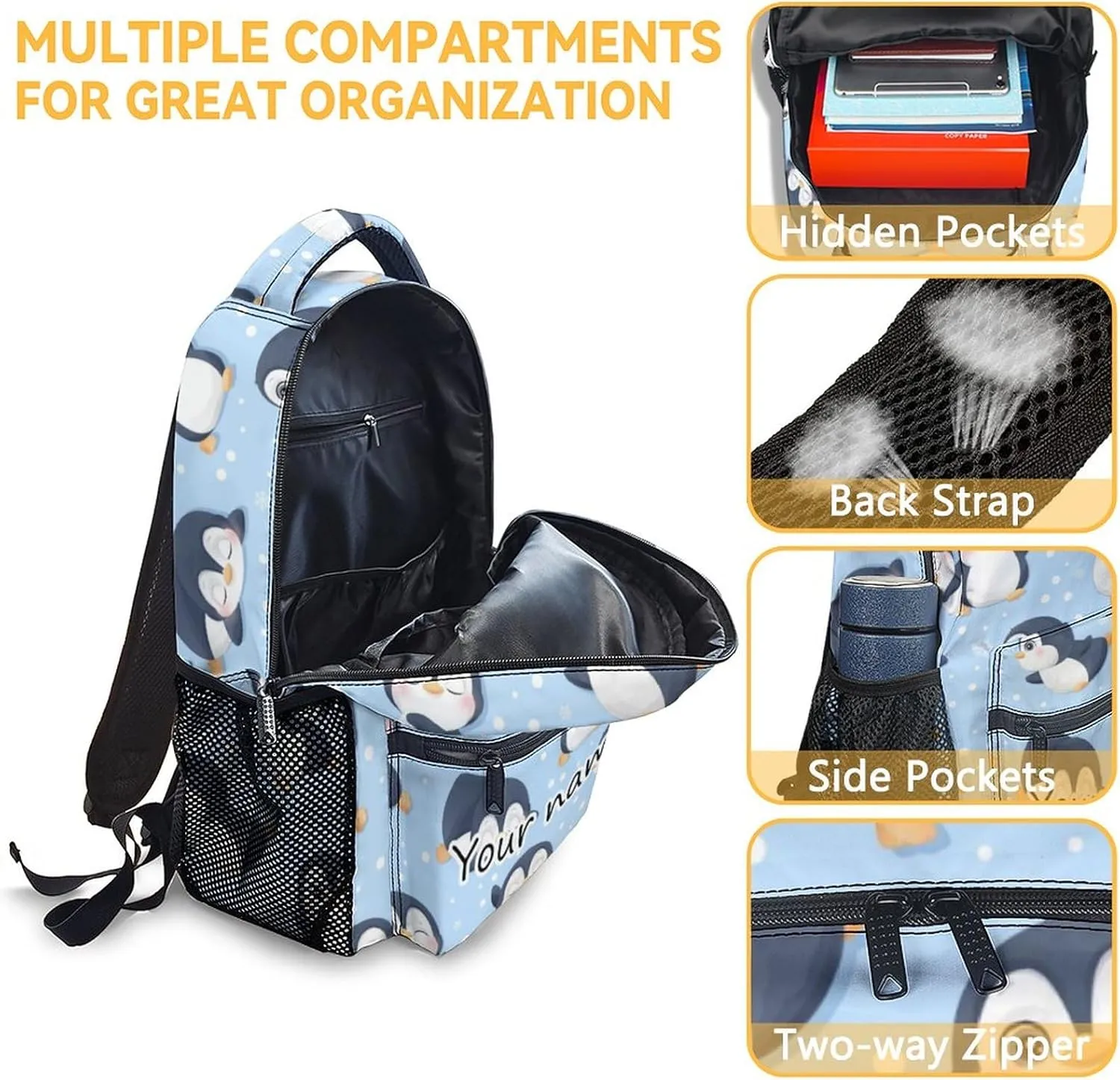 Personalized Penguin Backpacks for Girls, 16 Inch Cute Backpack for School, Blue, Large Capacity, Durable, Lightweight Bookbag for Boys Travel