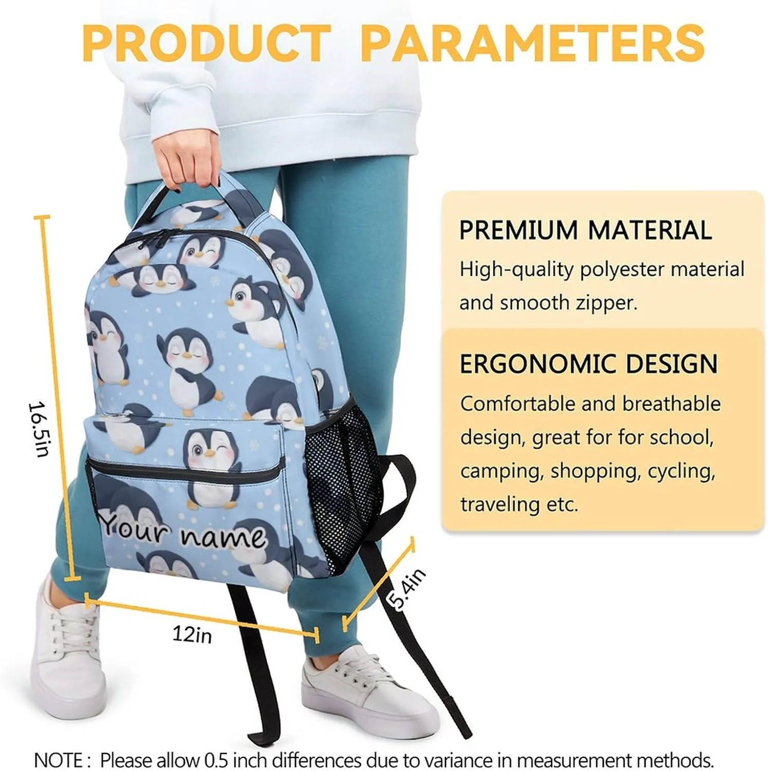 Personalized Penguin Backpacks for Girls, 16 Inch Cute Backpack for School, Blue, Large Capacity, Durable, Lightweight Bookbag for Boys Travel