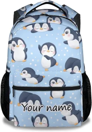 Personalized Penguin Backpacks for Girls, 16 Inch Cute Backpack for School, Blue, Large Capacity, Durable, Lightweight Bookbag for Boys Travel